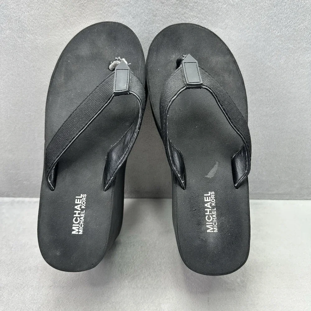 Michael Kors Benny Womens Size 6 Flip Flops Platform Black White Wedge MK‎ Logo